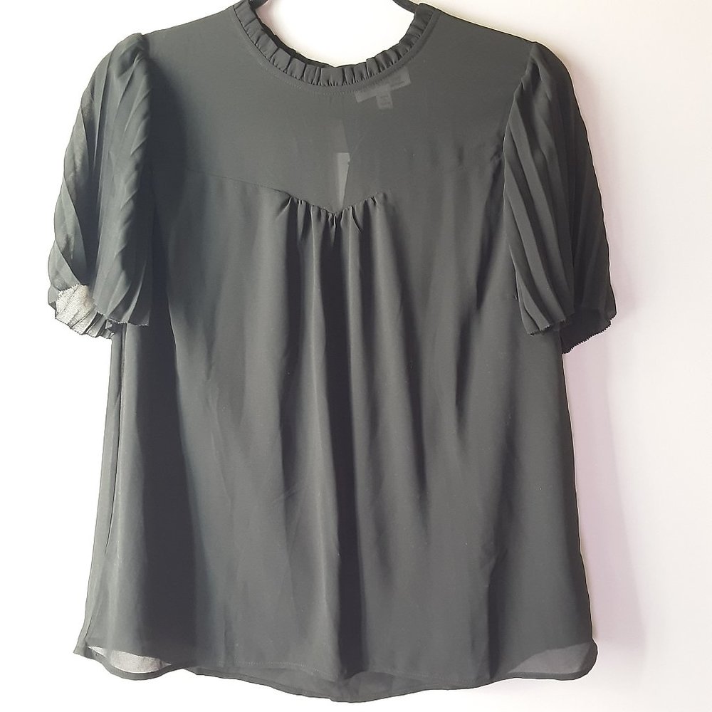 Faith and Joy Black Blouse Ruffle Collar and Sleeves, Sheer Neckline | New! M